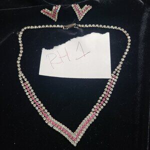 Vintage pink rhinestone earrings and necklace